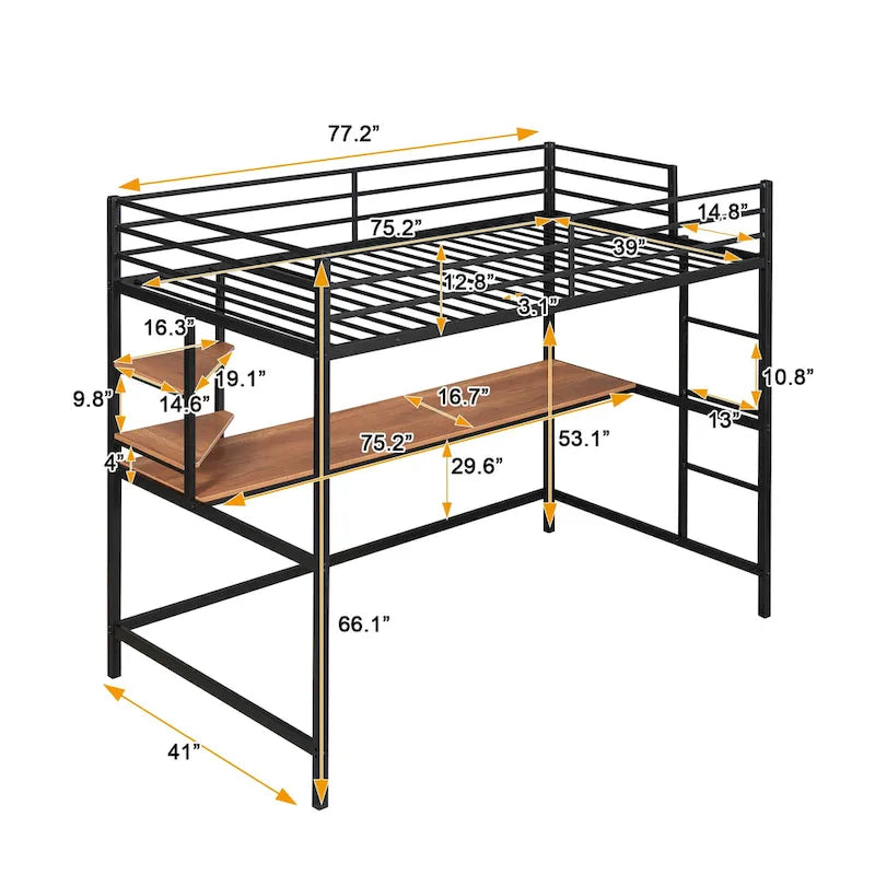 Metal Loft Bed with Desk, Ladder, and Shelves for Kids and Teens
