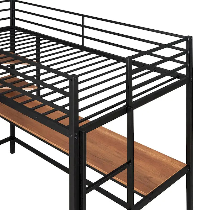 Metal Loft Bed with Desk, Ladder, and Shelves for Kids and Teens