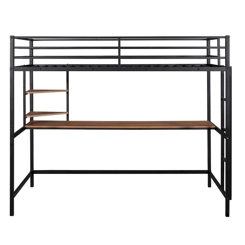 Metal Loft Bed with Desk, Ladder, and Shelves for Kids and Teens