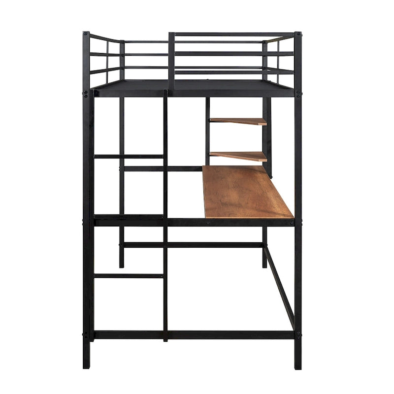 Metal Loft Bed with Desk, Ladder, and Shelves for Kids and Teens