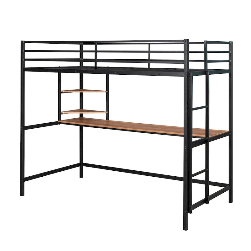 Metal Loft Bed with Desk, Ladder, and Shelves for Kids and Teens