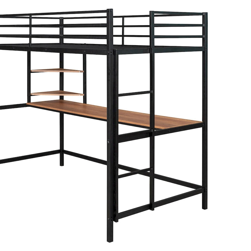 Metal Loft Bed with Desk, Ladder, and Shelves for Kids and Teens