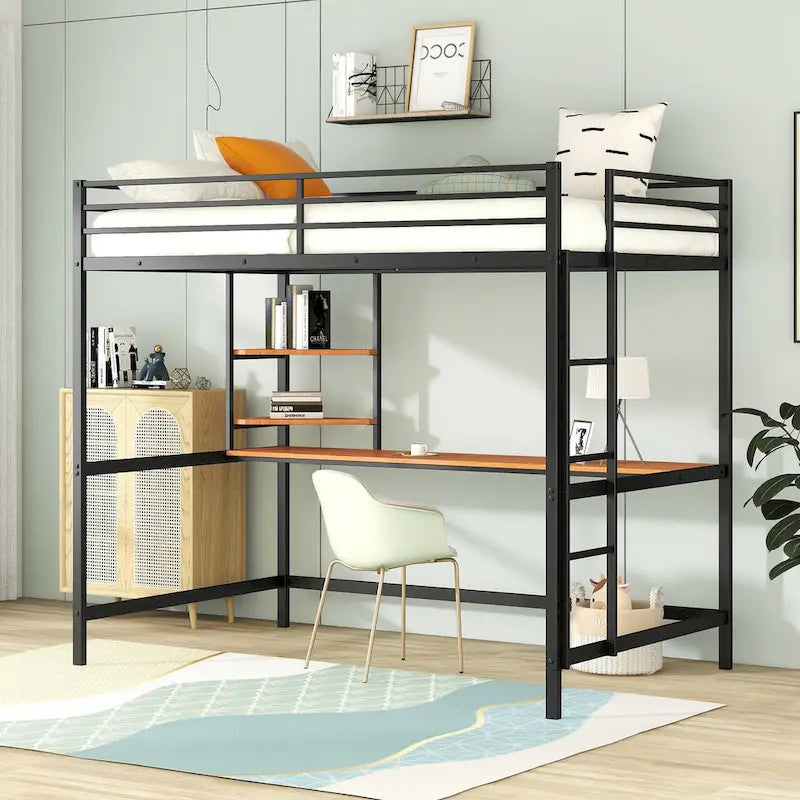 Metal Loft Bed with Desk, Ladder, and Shelves for Kids and Teens