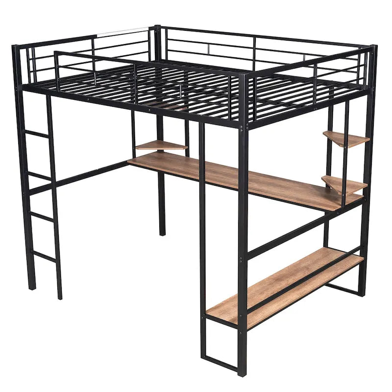 Black Full Metal Loft Bed with Long Desk and Shelves