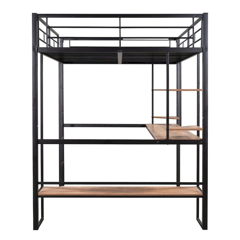 Black Full Metal Loft Bed with Long Desk and Shelves