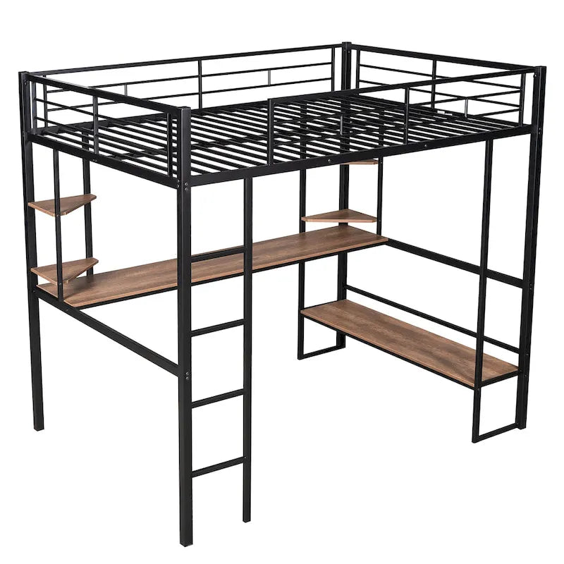 Black Full Metal Loft Bed with Long Desk and Shelves