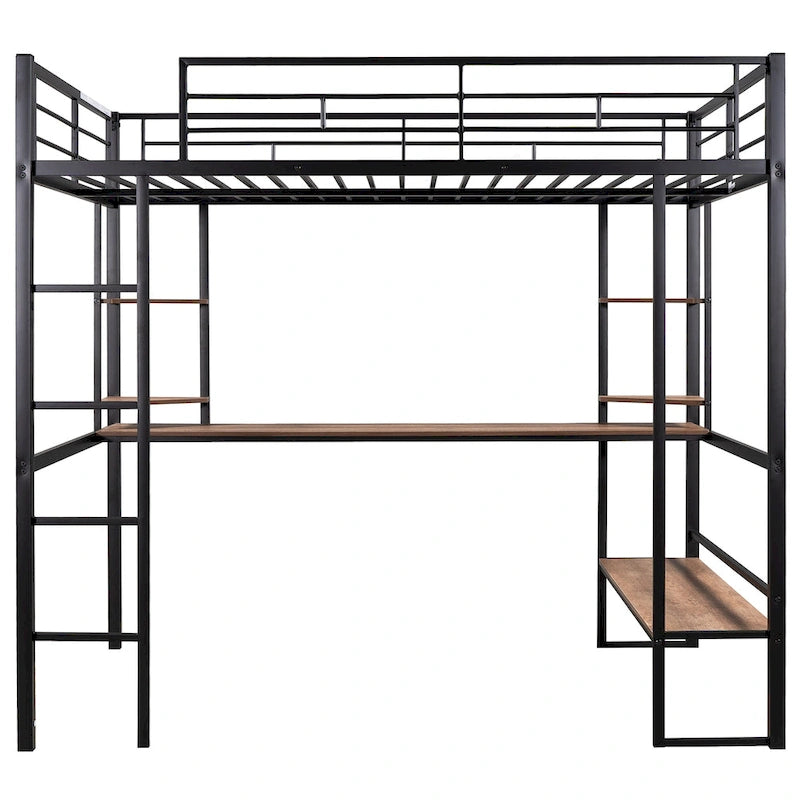 Black Full Metal Loft Bed with Long Desk and Shelves