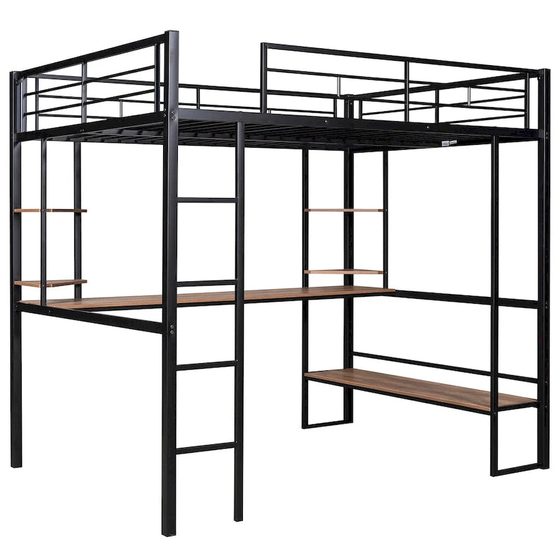 Black Full Metal Loft Bed with Long Desk and Shelves