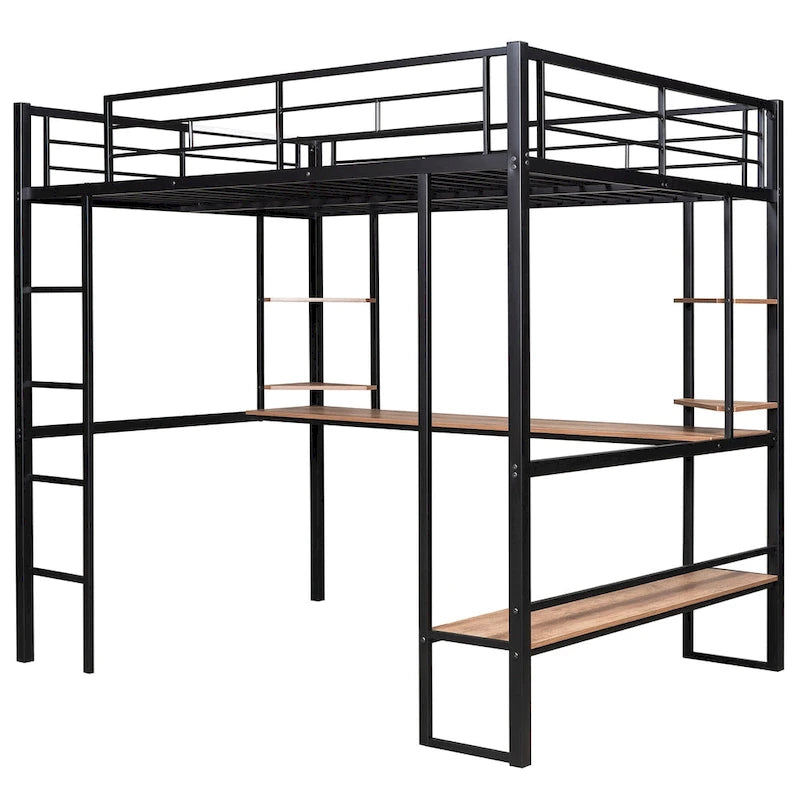 Black Full Metal Loft Bed with Long Desk and Shelves