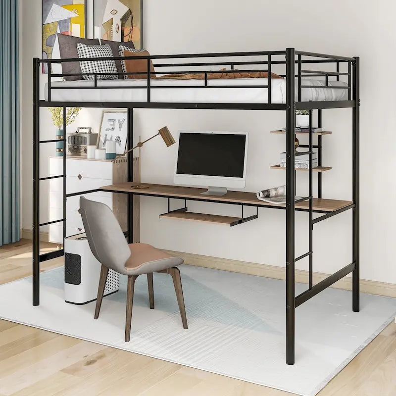 Metal Loft Bed with Desk, Shelf, Double Ladder, and Guardrails