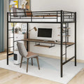 Metal Loft Bed with Desk, Shelf, Double Ladder, and Guardrails