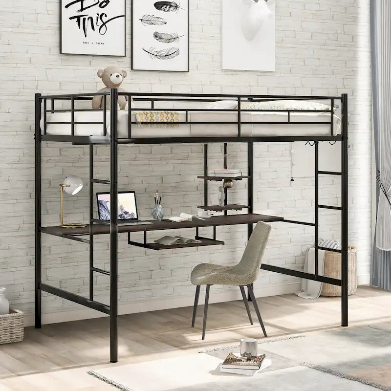 Metal Loft Bed with Desk and Shelf , Space Saving Design for Kids, Bedroom