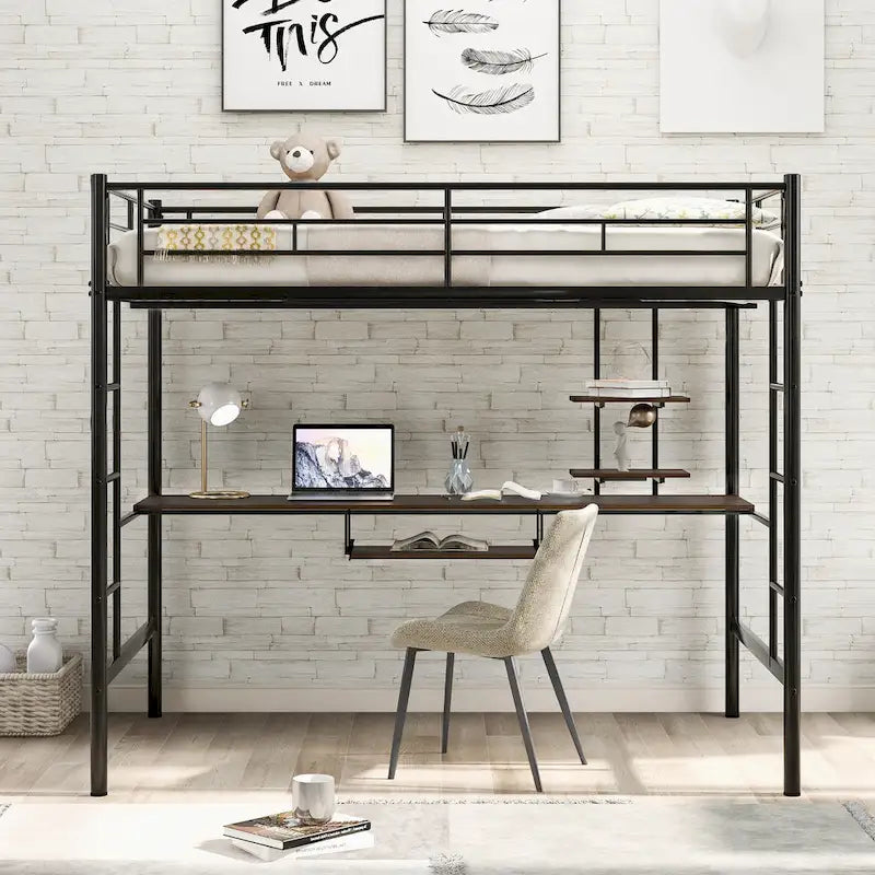 Metal Loft Bed with Desk, Shelf, Double Ladder, and Guardrails