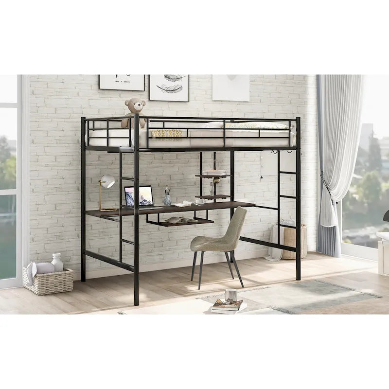 Metal Loft Bed with Desk, Shelf, Double Ladder, and Guardrails