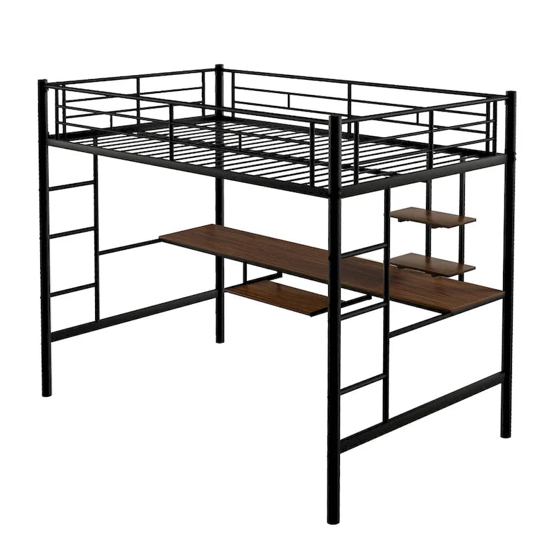 Metal Loft Bed with Desk, Shelf, Double Ladder, and Guardrails
