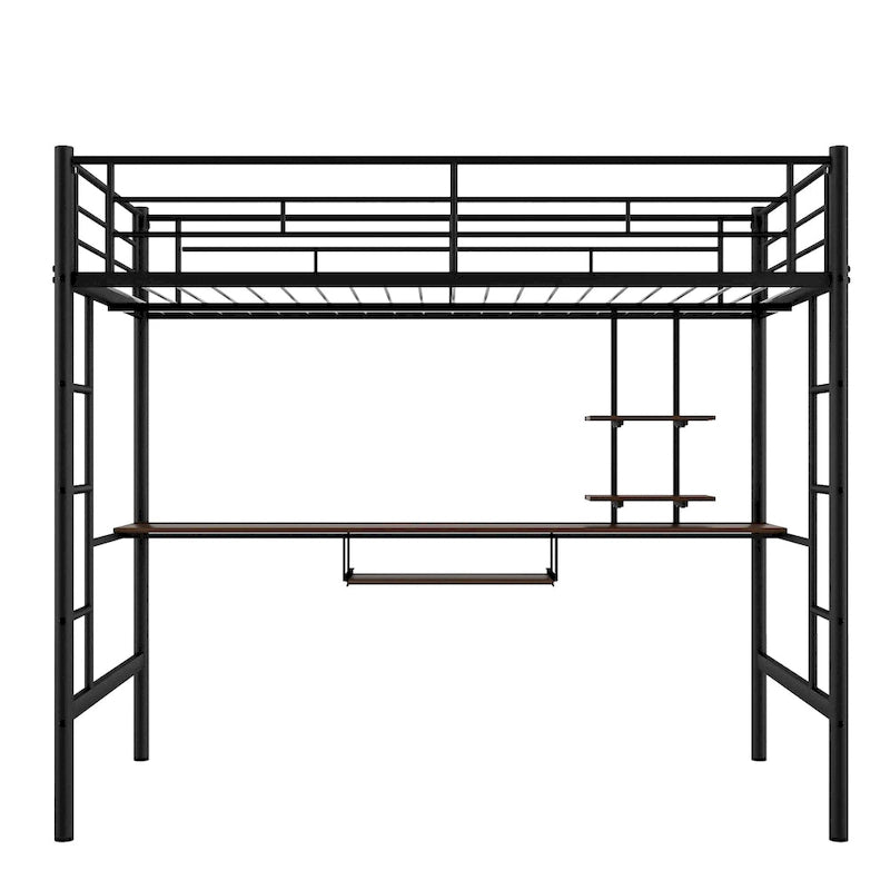 Metal Loft Bed with Desk, Shelf, Double Ladder, and Guardrails
