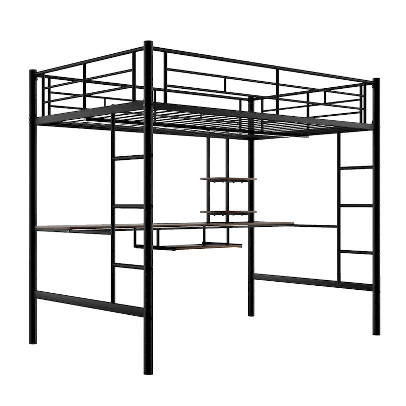 Metal Loft Bed with Desk, Shelf, Double Ladder, and Guardrails
