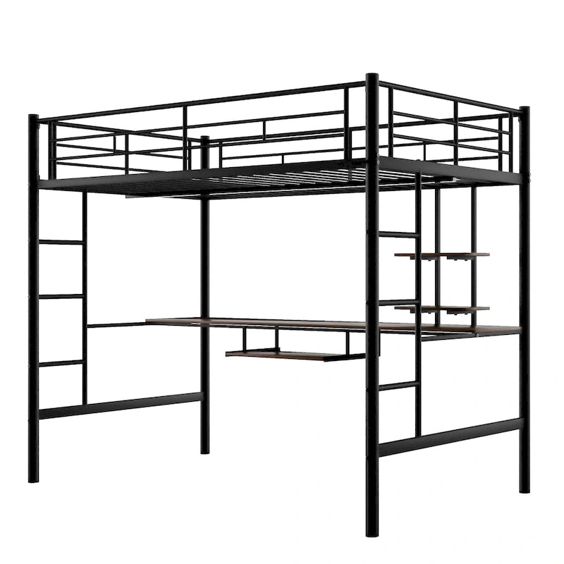 Metal Loft Bed with Desk, Shelf, Double Ladder, and Guardrails