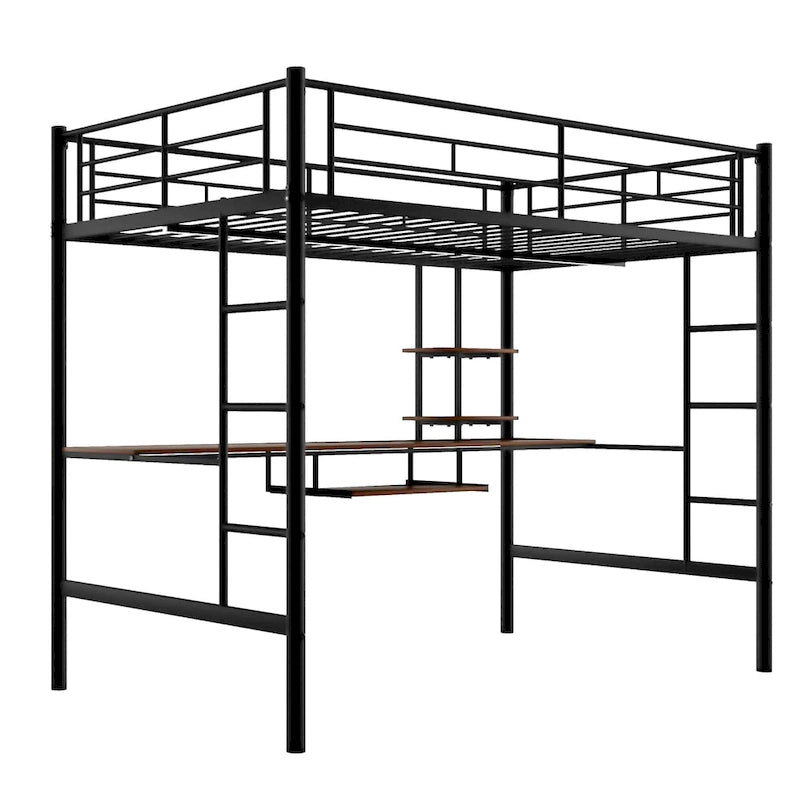 Metal Loft Bed with Desk, Shelf, Double Ladder, and Guardrails