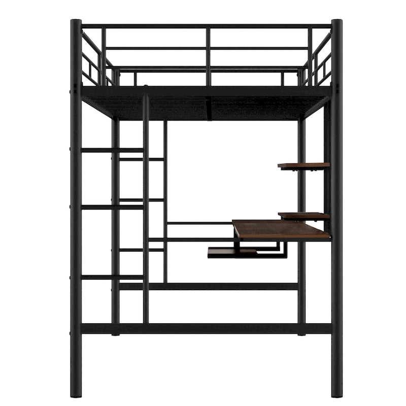 Metal Loft Bed with Desk, Shelf, Double Ladder, and Guardrails