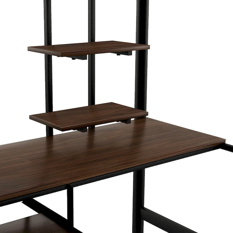 Metal Loft Bed with Desk, Shelf, Double Ladder, and Guardrails