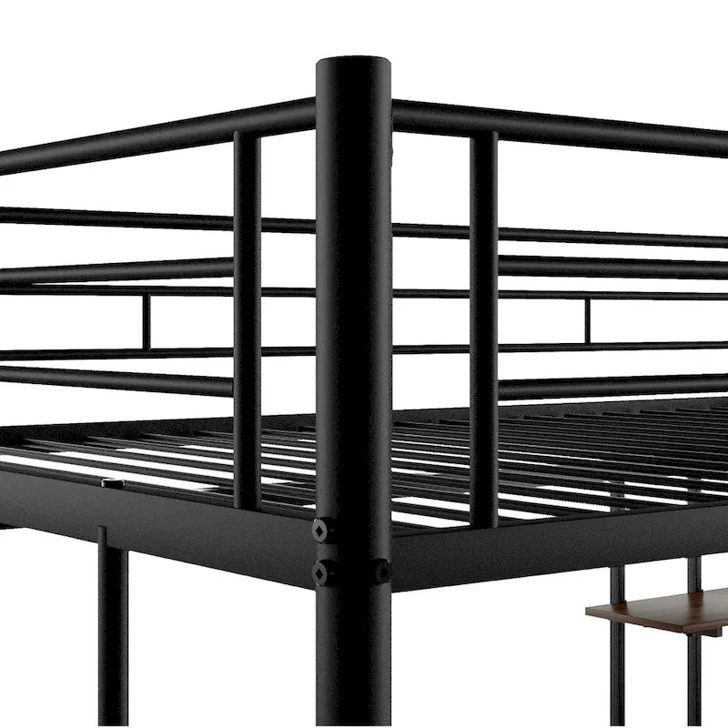 Metal Loft Bed with Desk, Shelf, Double Ladder, and Guardrails