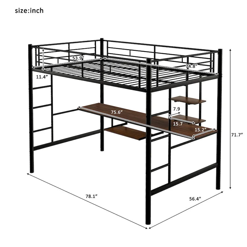 Metal Loft Bed with Desk, Shelf, Double Ladder, and Guardrails