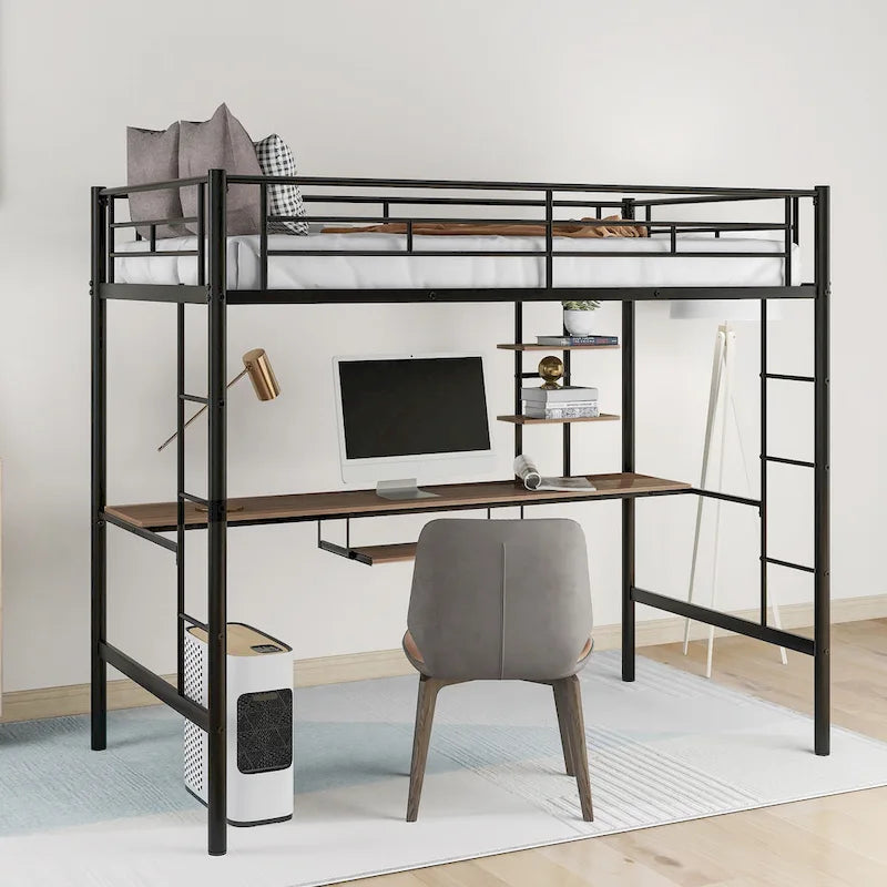 Metal Loft Bed with Desk, Shelf, Double Ladder, and Guardrails