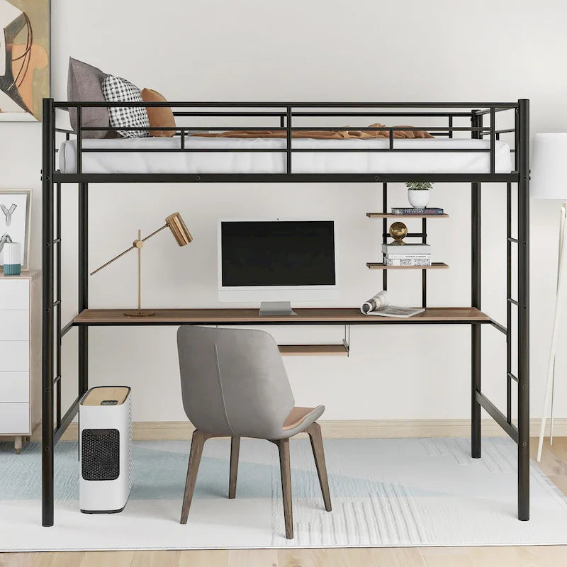 Metal Loft Bed with Desk, Shelf, Double Ladder, and Guardrails