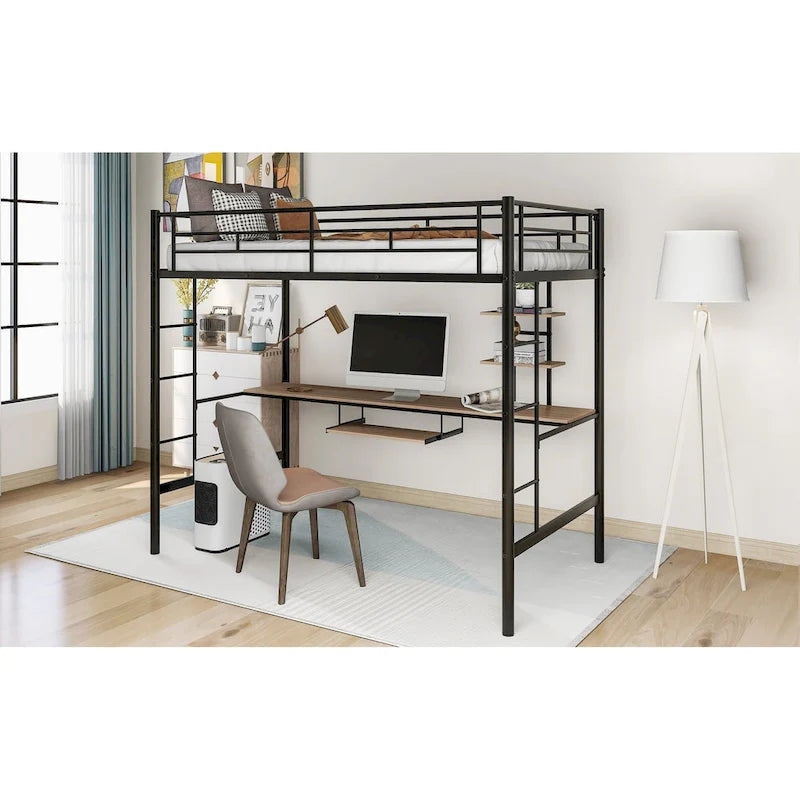 Metal Loft Bed with Desk, Shelf, Double Ladder, and Guardrails