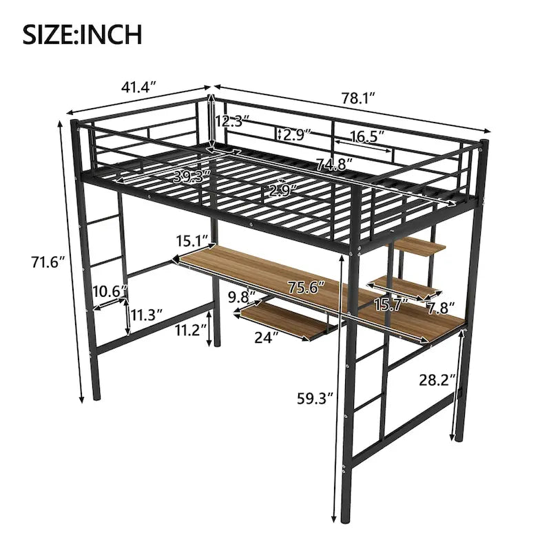 Metal Loft Bed with Desk, Shelf, Double Ladder, and Guardrails