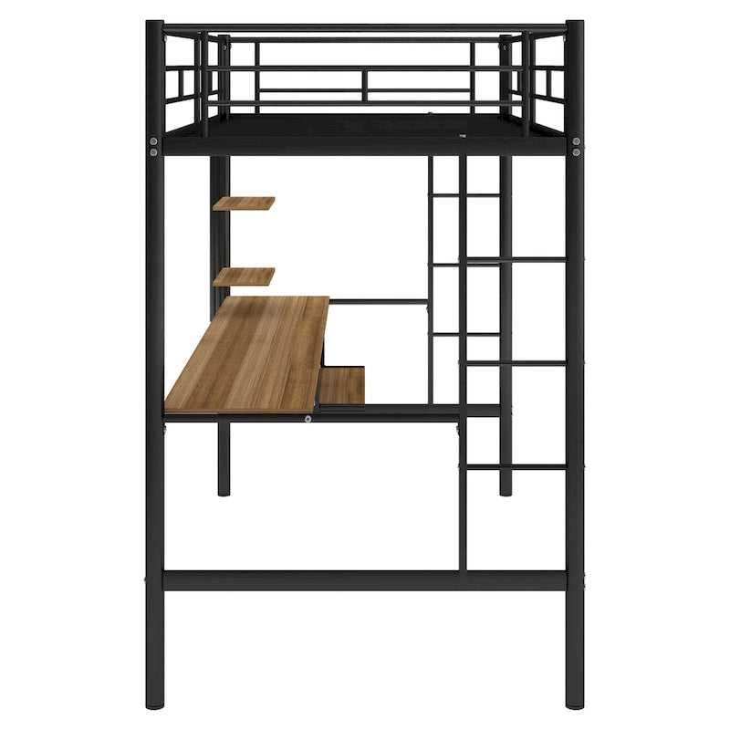 Metal Loft Bed with Desk, Shelf, Double Ladder, and Guardrails