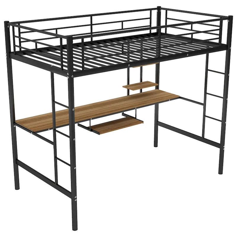 Metal Loft Bed with Desk, Shelf, Double Ladder, and Guardrails