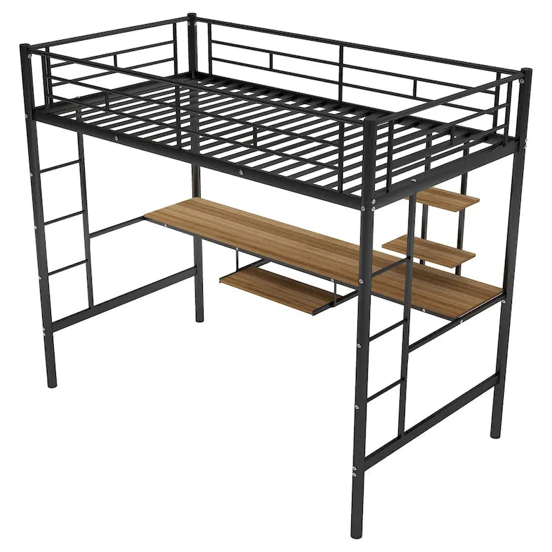 Metal Loft Bed with Desk, Shelf, Double Ladder, and Guardrails