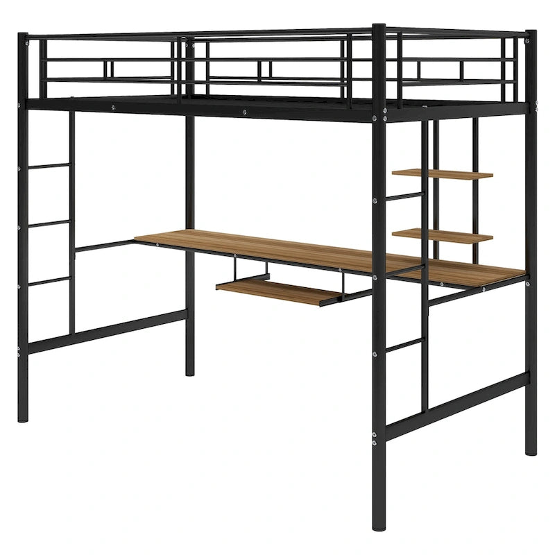 Metal Loft Bed with Desk, Shelf, Double Ladder, and Guardrails