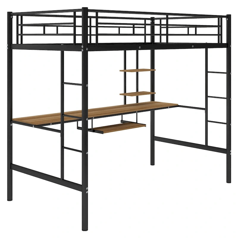 Metal Loft Bed with Desk, Shelf, Double Ladder, and Guardrails