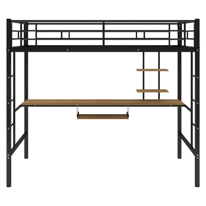 Metal Loft Bed with Desk, Shelf, Double Ladder, and Guardrails