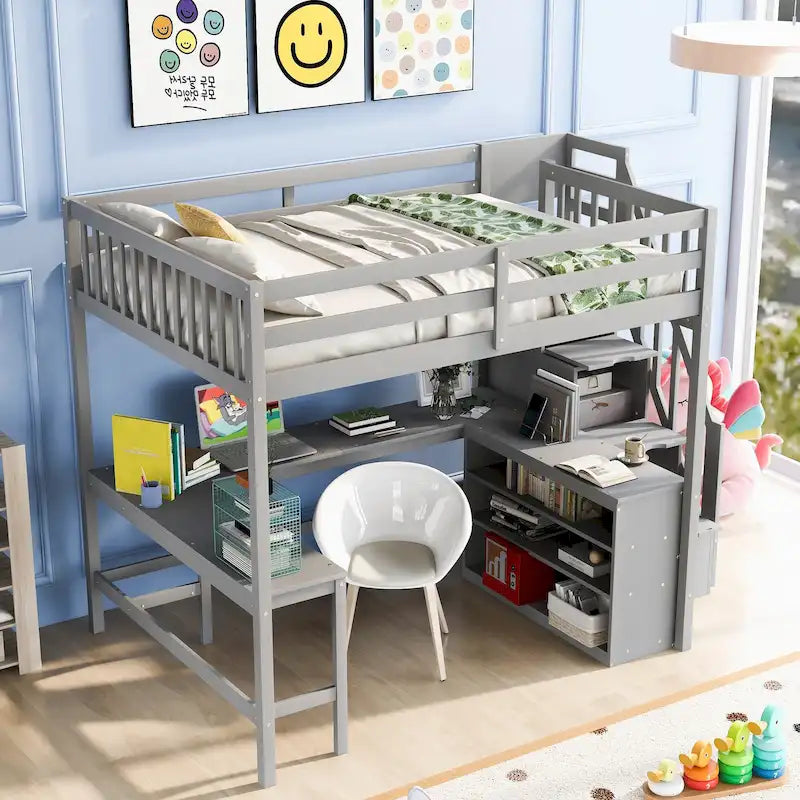 Gray Full Pine Wood Loft Bed with L-Shaped Desk and Storage Staircase
