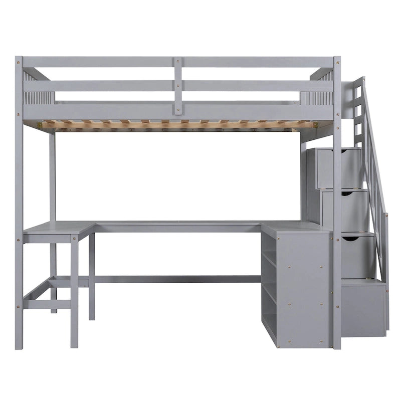 Gray Full Size Pine Wood Loft Bed with L-shaped Desk and Storage Staircase