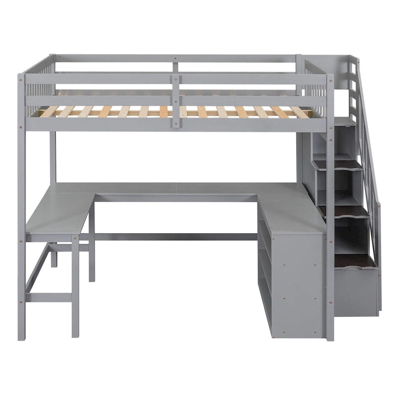 Gray Full Pine Wood Loft Bed with L-Shaped Desk and Storage Staircase