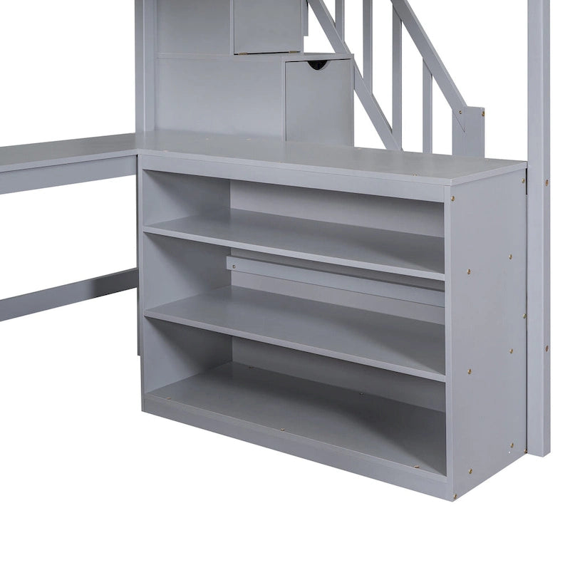 Gray Full Pine Wood Loft Bed with L-Shaped Desk and Storage Staircase