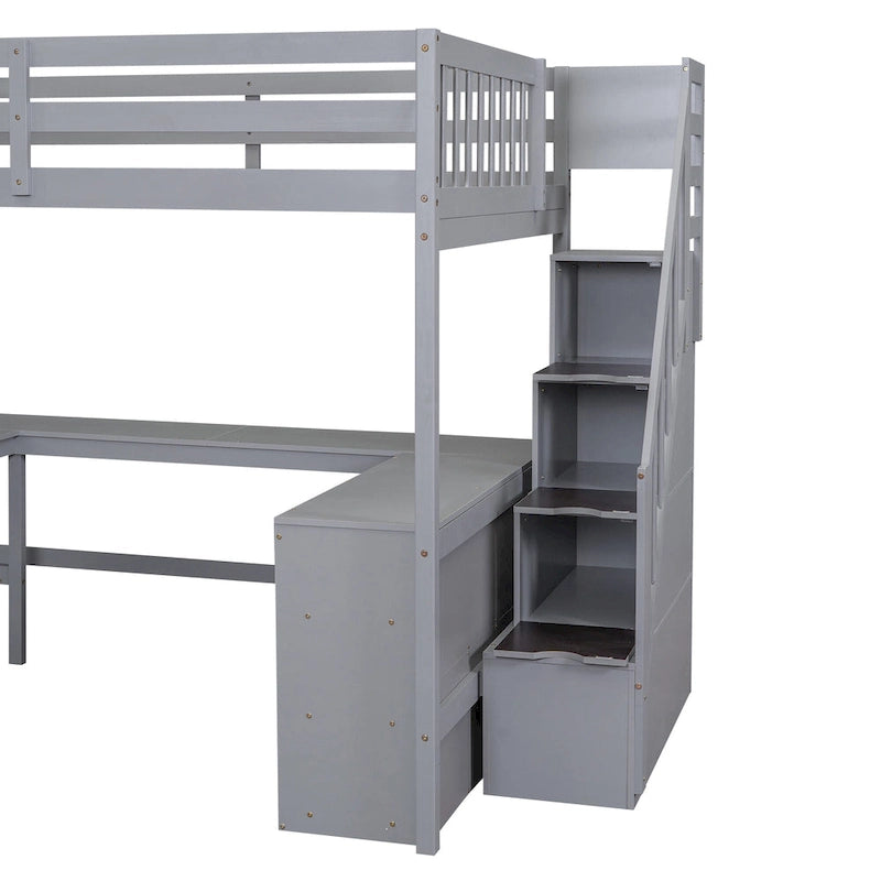 Gray Full Pine Wood Loft Bed with L-Shaped Desk and Storage Staircase