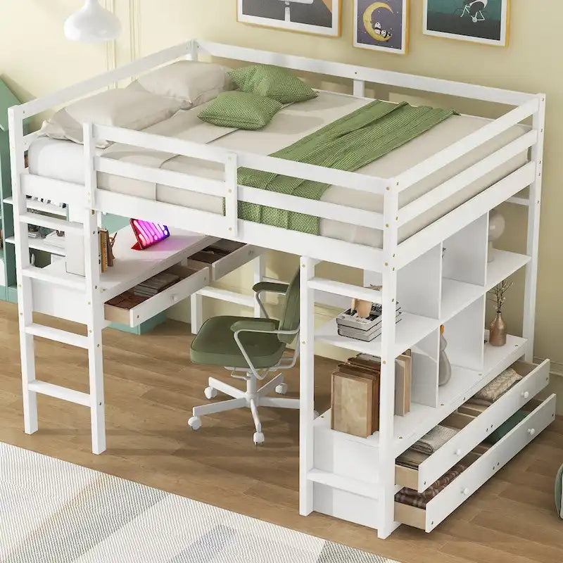 White Full Size Pine Wood Loft Bed with Built-in Desk and Storage