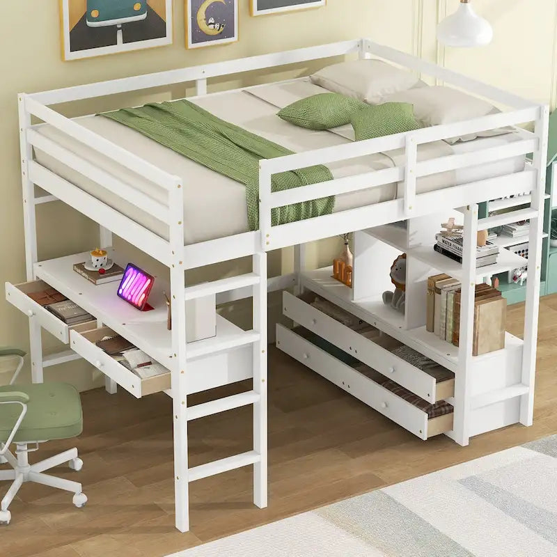 White Full Pine Wood Loft Bed with Built-in Desk and Storage