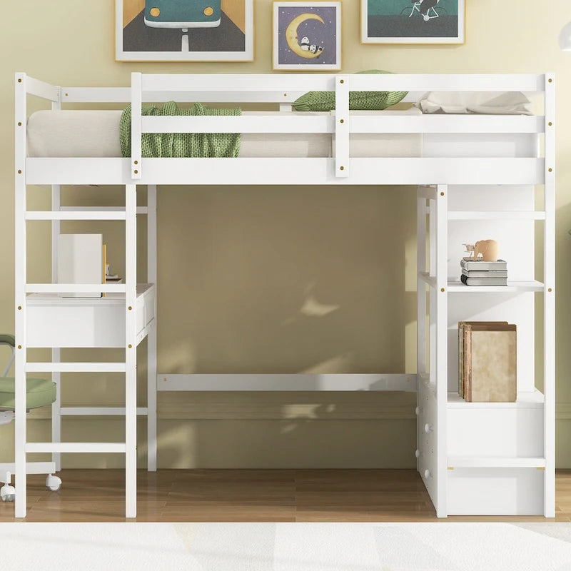 White Full Pine Wood Loft Bed with Built-in Desk and Storage