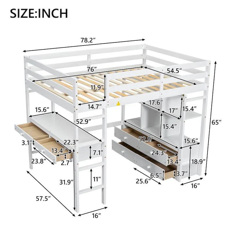 White Full Pine Wood Loft Bed with Built-in Desk and Storage