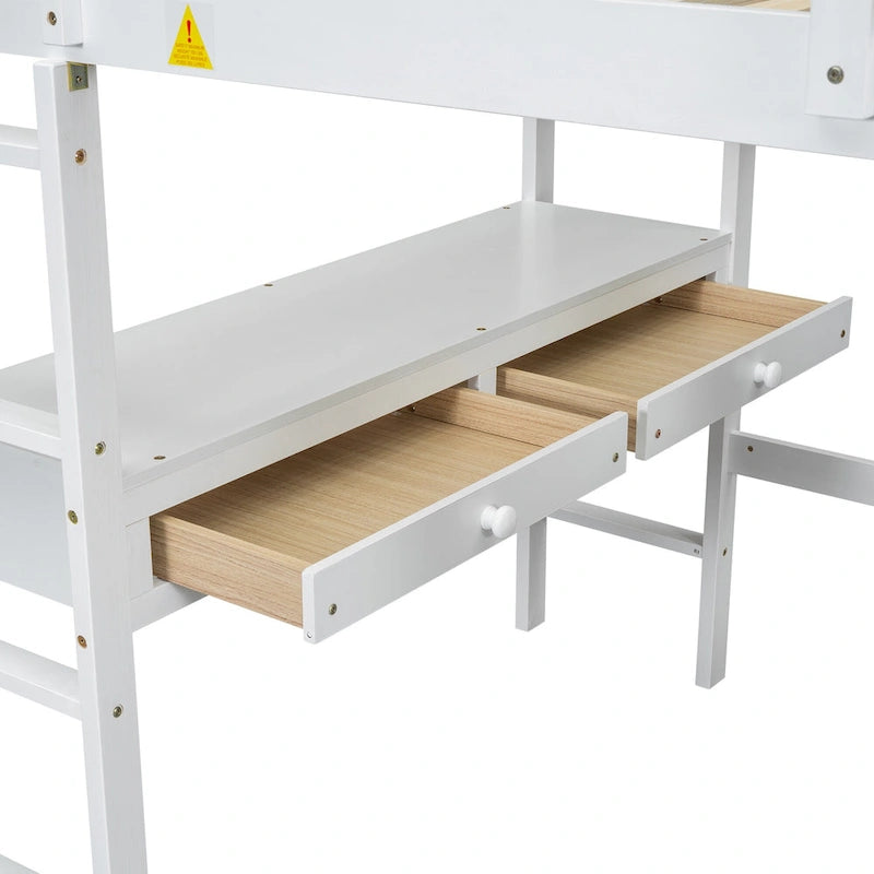 White Full Pine Wood Loft Bed with Built-in Desk and Storage