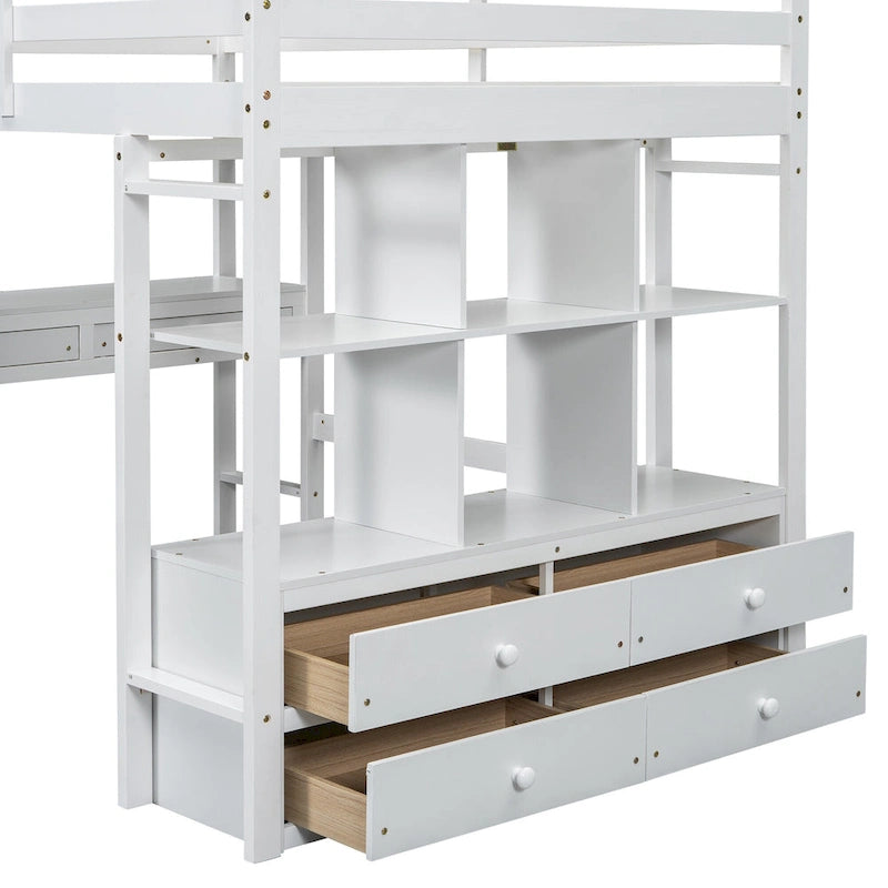 White Full Pine Wood Loft Bed with Built-in Desk and Storage