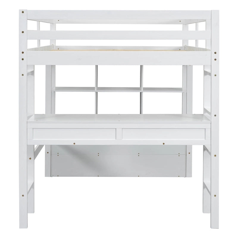 White Full Pine Wood Loft Bed with Built-in Desk and Storage
