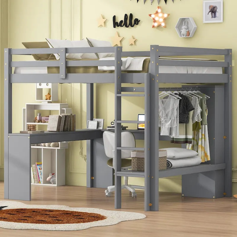 Grey Full Solid Wood Loft Bed with L-Shaped Desk, Wardrobe, and Shelves